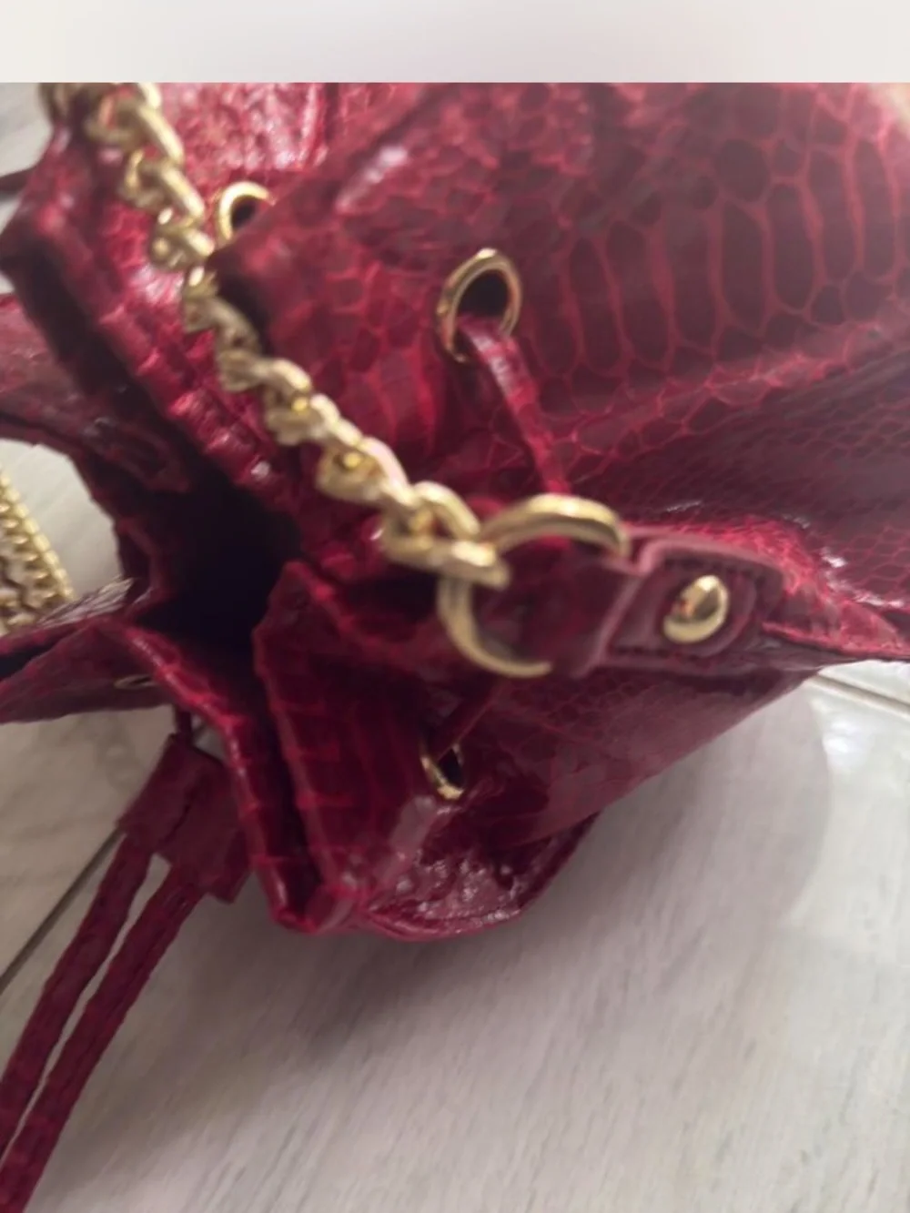 Cache Red Textured Drawstring Mini Bag with Gold Chain - Picture 7 of 8